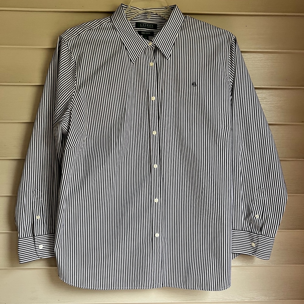 Lauren Ralph Lauren Women’s White with Navy Stripe Button-Down Shirt Size 2X